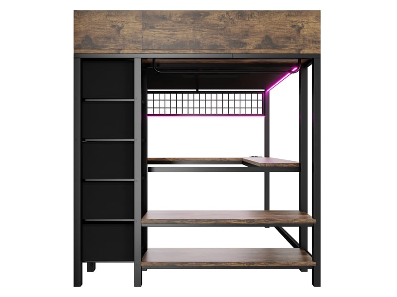 Lit mezzanine 140x200 cm avec bureau gaming, 5 tiroirs en tissu, led, prises usb et usb-c noir Fay Lum - Conforama E
