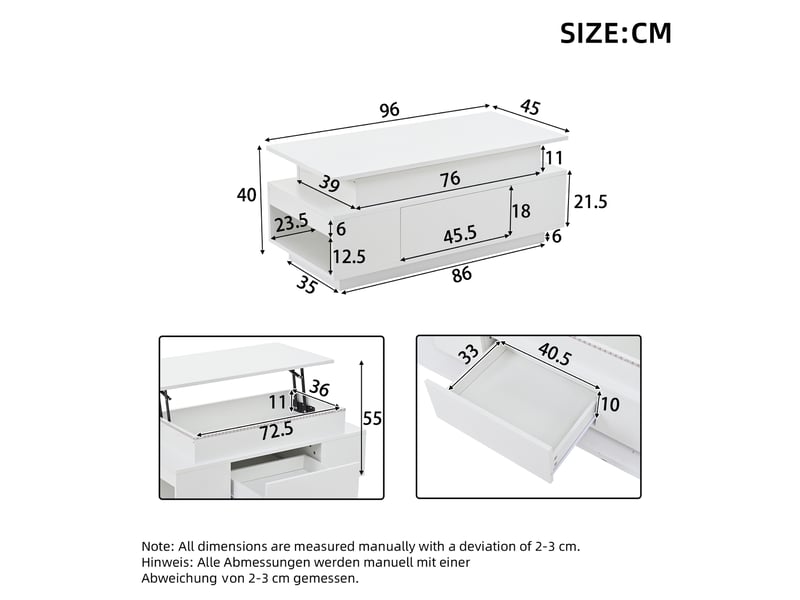  Table basse plateau relevable led avec rangement caché, 96x45x40 cm, bois d'ingénierie, blanc laqué  - Conforama C