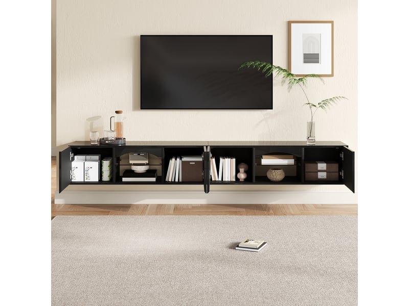  Meuble tv suspendu led 200 cm noir brillant avec 4 portes et niches vitrées IKSETERA TRADING LTD - Conforama D