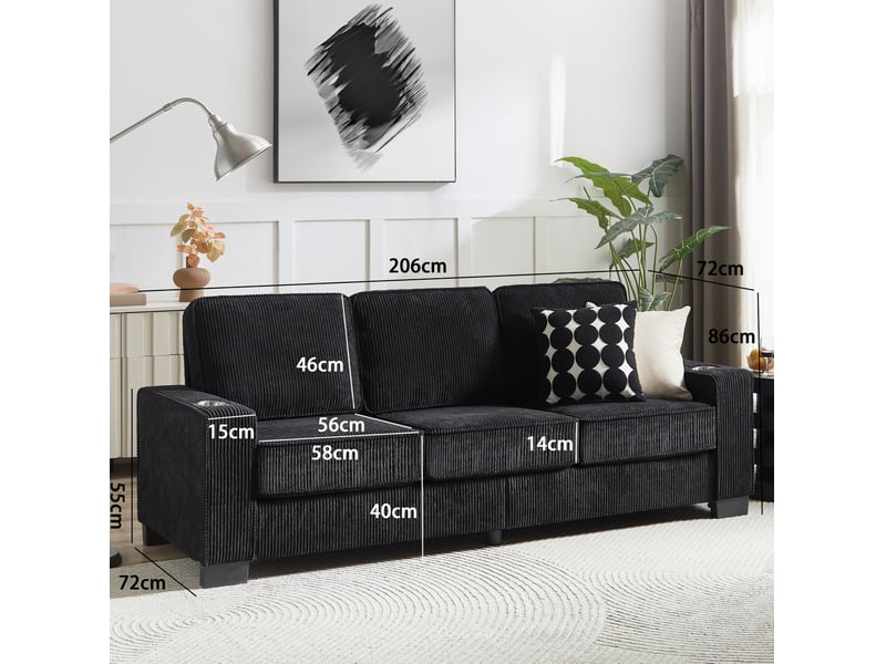 Canapé droit 3 places avec porte-gobelets et assise ergonomique, en velours côtelé noir, 206 × 72 × 86 cm - Conforama E