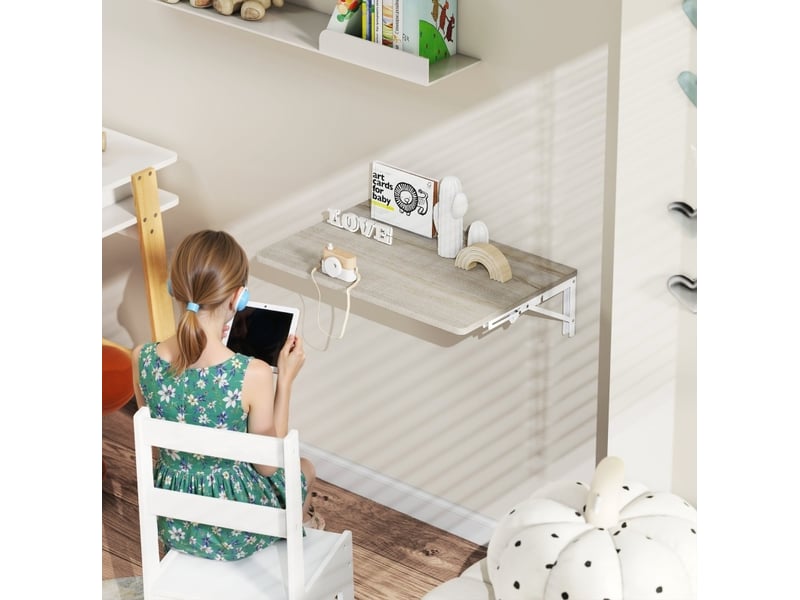  Bureau mural rabattable tcqpz 60 x 40 cm chene clair, table murale pliante peu encombrante, plateau melamine, angles arrondis, panneau de particules et metal  - Conforama D