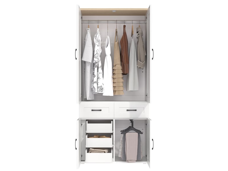  Armoire 4 portes blanche 90 x 50 x 200 cm avec 5 tiroirs et 2 tringles, style campagne pour votre chambre  - Conforama A