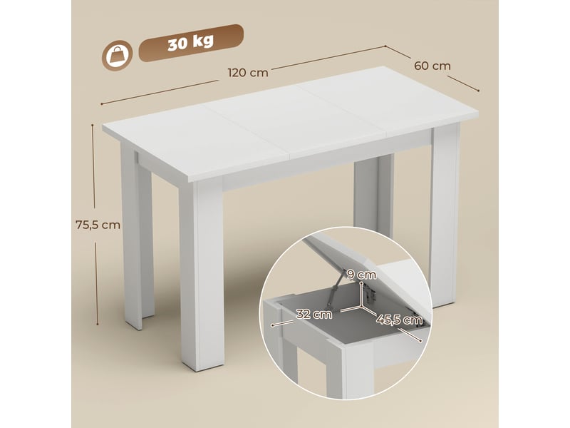  Table à manger pour 4 personnes avec plateau relevable et rangements cachés, 120 x 60 x 75,5 cm, blanc  - Conforama E