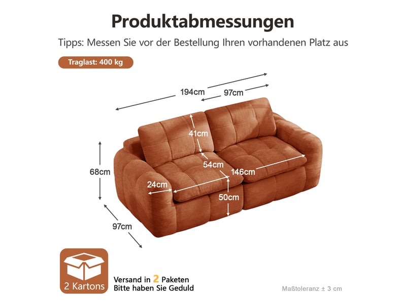 Canapé modulable sans cadre 2 places orange, chenille, capitonnage quadrillé, mousse 32d, assise profonde, sans montage - Conforama B