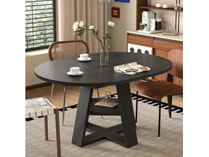 Table à manger extensible ovale noire en mdf 150 x 110 cm, rangement intégré et tablette pour 6 personnes