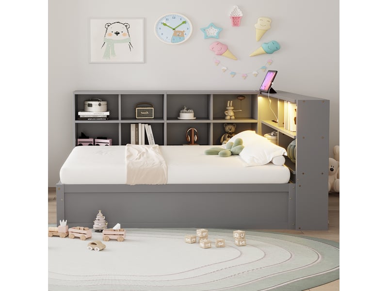 Lit multifonctionnel 90x200 cm, bois, rangements, éclairage led et prise, gris, sans matelas - Conforama E
