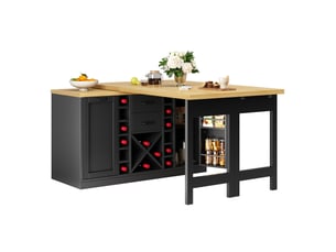 Îlot de cuisine 120-223x40x73,8 cm pivotant, avec rangements et porte-bouteilles amovible, mdf et métal, couleur noir
