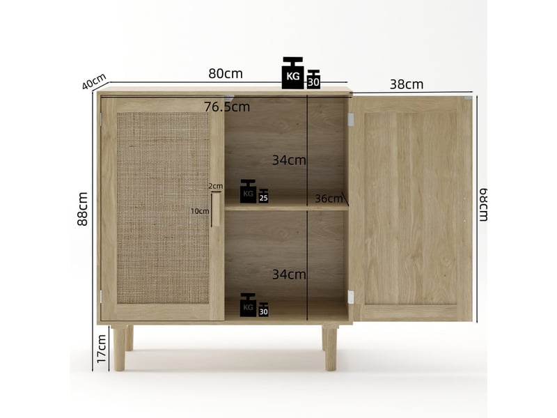  Armoire de rangement en rotin à deux portes de 80 cm, idéale pour le salon, la salle à manger ou l'entrée, marron  - Conforama C