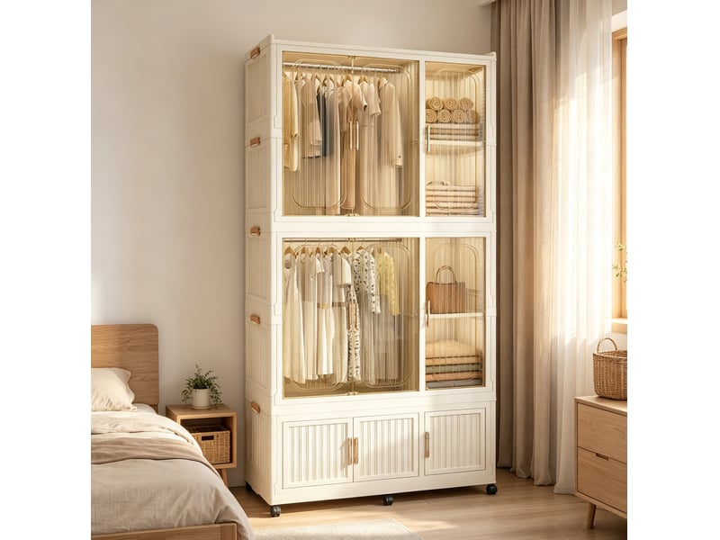  Armoire pliable avec 9 portes magnétiques, 2 penderies, 7 niches et 6 roulettes freinées pour chambre, crème  - Conforama B