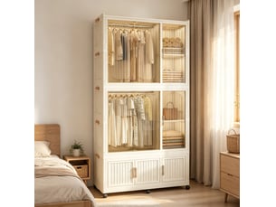 Armoire pliable avec 9 portes magnétiques, 2 penderies, 7 niches et 6 roulettes freinées pour chambre, crème