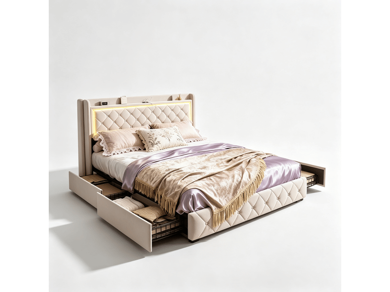  Lit double capitonné 160 x 200 cm velours beige avec sommier, 4 tiroirs, led et ports usbtype-c  - Conforama A