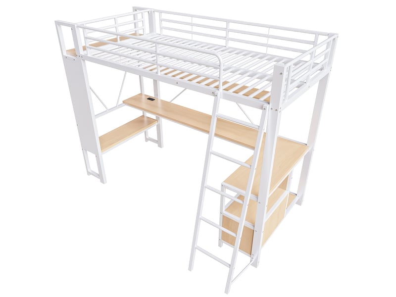 Lit mezzanine 90x200 cm blanc avec led, bureau, étagères, panneau perforé et usb - Conforama E