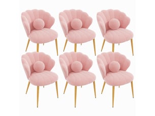 Lot de 6 chaises de salle à manger 60x62.5x83cm, forme coquillage, dossier enveloppant, assise rembourrée, pieds métal doré, tissu bouclette,rose
