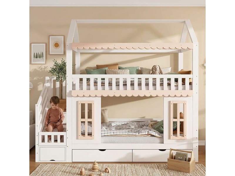  Lit superposé enfant 90 x 200 cm forme maison rangement latéral échelle 2 tiroirs fenêtres décoratives en bois moulures décoratives structure pin et mdf finition blanche et naturelle  - Conforama B