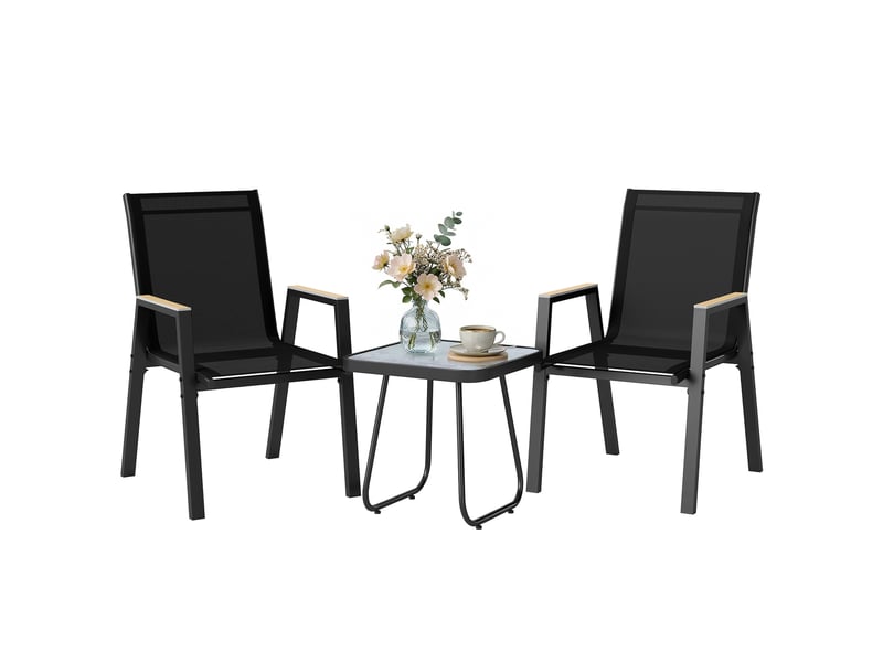  Ensemble de jardin 3 pièces comprenant 2 chaises respirantes et une table carrée, en métal, dpc et textilène noir  - Conforama A
