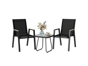 Ensemble de jardin 3 pièces comprenant 2 chaises respirantes et une table carrée, en métal, dpc et textilène noir