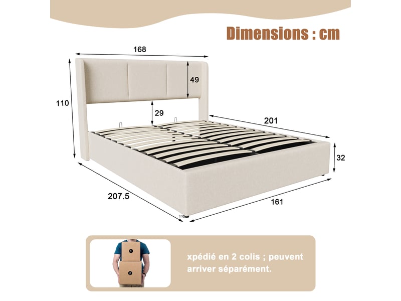  Lit coffre 160x200 cm rembourré tissu lin beige, tête de lit à oreilles, système hydraulique, grand espace de rangement, sommier à lattes  - Conforama E