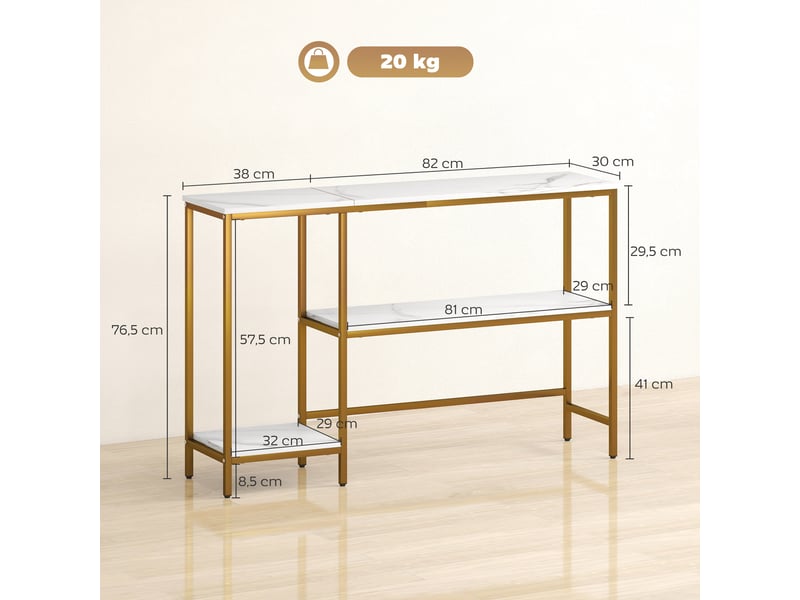  Console meuble 120 cm, table console 3 niveaux avec étagères de rangement, blanc et doré, plateaux imitation marbre  - Conforama C