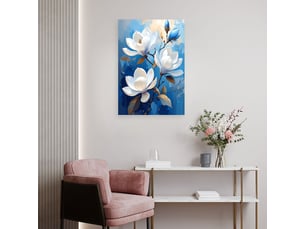 Tableaux, magnolias blancs sur fond bleu dans un style élégant 20x30