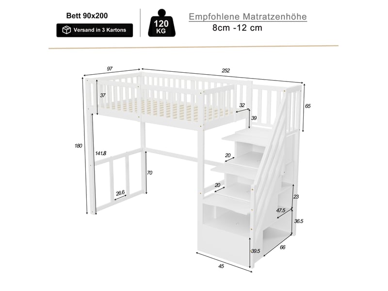  Modenvie lit mezzanine 90x200 cm - avec escalier de rangement et bureau, sans matelas - blanc  - Conforama C