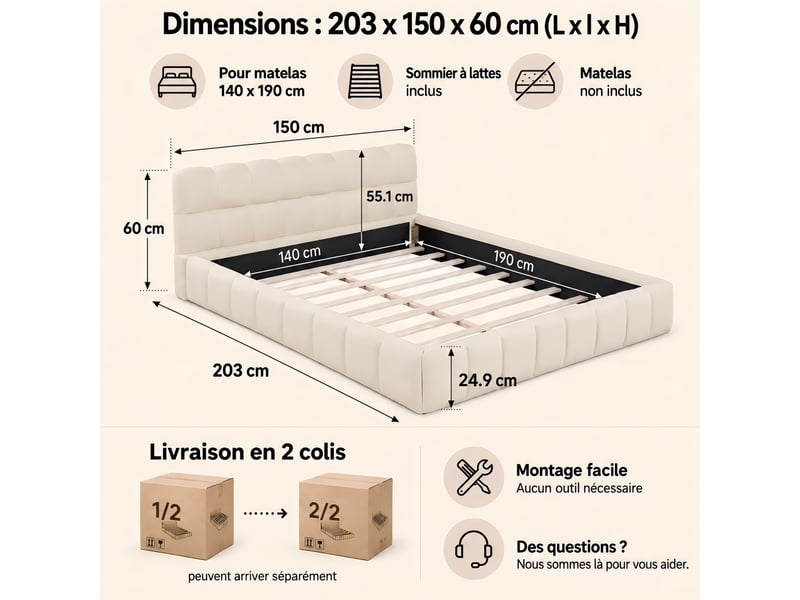 Kefsr lit double capitonné 140x190 cm en lin beige - cadre de lit adulte avec sommier à lattes, tête de lit rembourrée et bords épais, design matelas encastré - Conforama C
