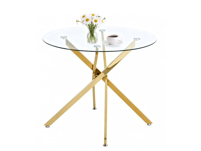  Table à manger ronde 2 à 4 places avec plateau en verre trempé - lpospi - pieds croisés en métal - doré 80 × 80 × 76 cm  - Conforama A