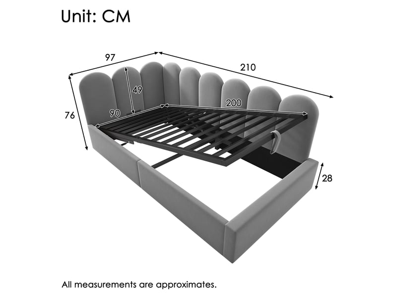  Lit banquette coffre 90 x 200 cm, coffre à relevage hydraulique, dossier en l, sommier à lattes, structure rembourrée, pour la chambre, velours, gris ABC - Conforama C
