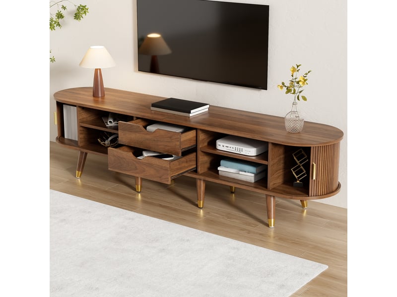  Meuble tv 175 cm avec porte coulissante effet rotin, meuble bas avec niches ouvertes, tiroirs et placard, style campagne en mdf, effet noyer OPULERANE TRADING LTD - Conforama E