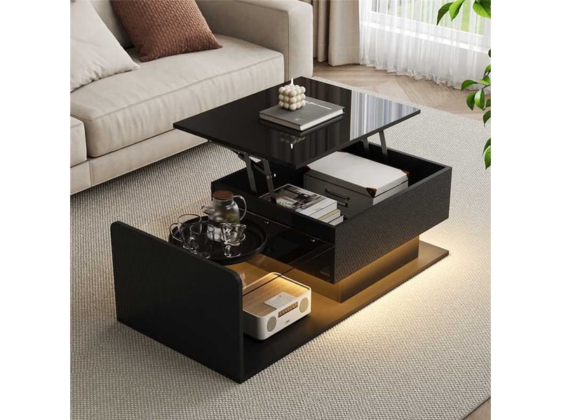  Table basse relevable 100x50cm avec verre trempé et led connectée | coffre et niche laqué brillant | charge 35kg - noir  - Conforama B