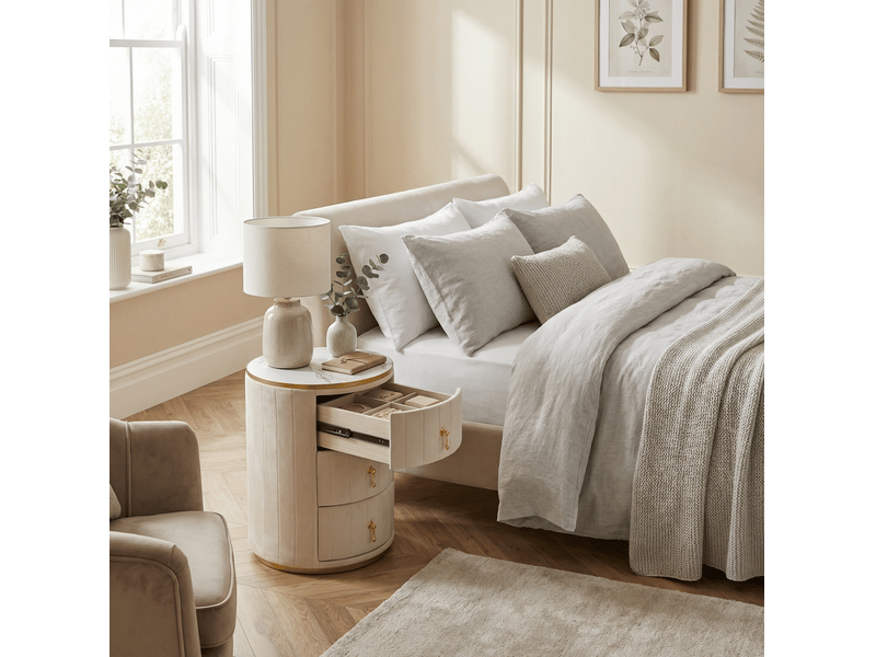 Table de chevet à 3 tiroirs en velours avec plateau effet marbre et finitions dorées pour chambre blanc - Conforama B