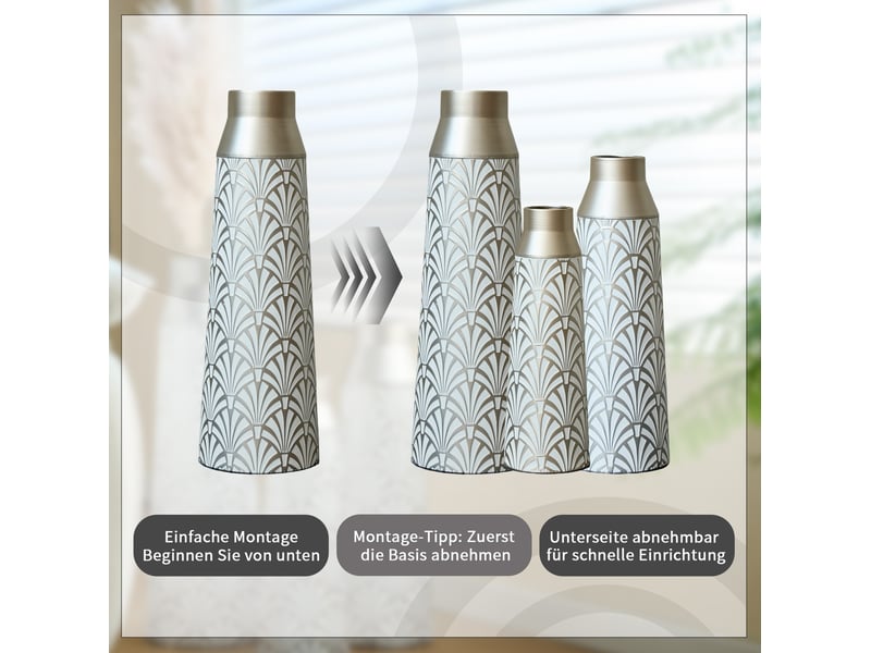  Lot de 3 vases de sol 43,5 à 61 cm blanc et argent en métal, motif éventail pour fleurs séchées  - Conforama B