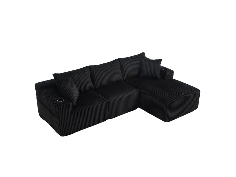  Canapé modulable 2 places avec méridienne, velours côtelé, 5 coussins, porte-gobelets  - Conforama D