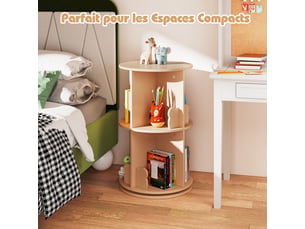 Bibliothèque enfant, 65cm bibliothèque à 2 niveaux avec serre-livres lapinourson, 8 compartiments, étagère à livres pivotante à 360°, pour chambre d'