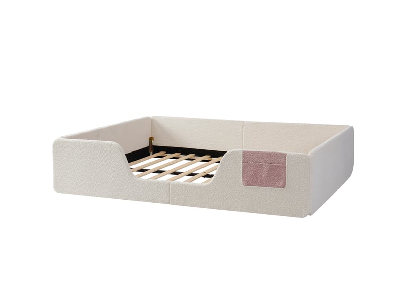 Lit rembourré beige 140x190 cm en velours avec barrières amovibles et poche de rangement - Conforama E