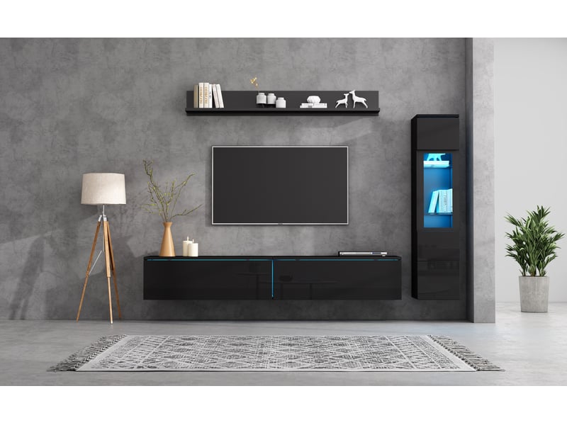  Ensemble meuble tv mural 3 pièces noir avec led rgb, pour téléviseur jusqu’à 80 pouces  - Conforama A
