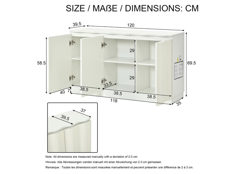 Buffet 120x39.5x69.5 cm à 3 portes avec éclairage led bluetooth, blanc mat - Conforama E