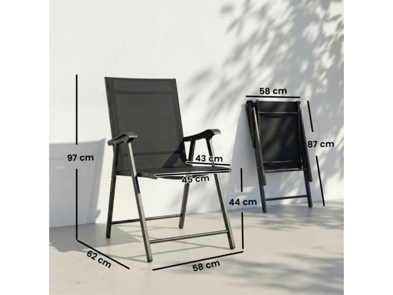  Lot de 2 chaises de jardin pliantes noires, dossier haut, accoudoirs, acier et textilène, 58x62x97 cm  - Conforama C