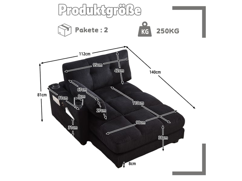  Fauteuil relax 1 place en velours côtelé noir avec usb et porte-gobelets  - Conforama C