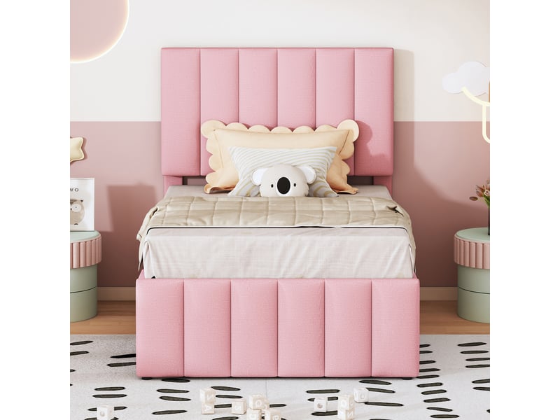  Lit d'appoint 90 x 200 cm, couchage escamotable et trois tiroirs, revêtement lin agréable, coloris rose, sans matelas  - Conforama E