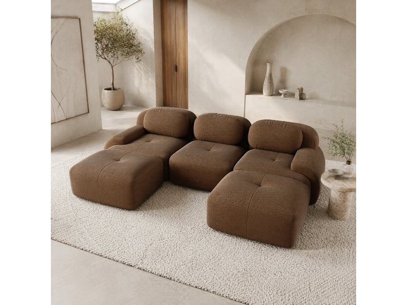  Canapé panoramique en u modulable sans montage avec assise 32d et accoudoirs larges en tissu côtelé, marron  - Conforama C