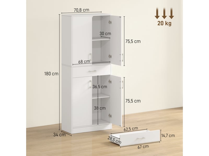  Buffet haut armoire de cuisine 4 portes 2 placards et 1 tiroir central hauteur 180 cm avec 2 réglables étagères blanc  - Conforama C