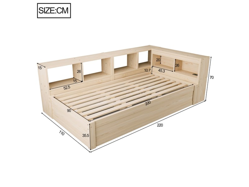 Lit coffre 90x200 cm avec rangement prise euro led multicolore mécanisme hydraulique bois massif couleur bois - Conforama C