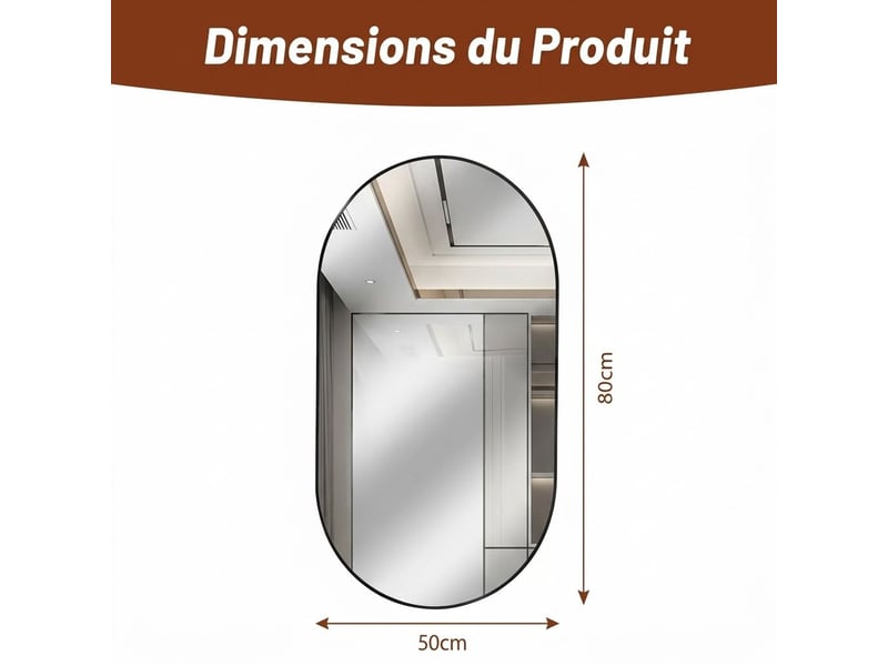  Miroir salle de bain ovale 50x80 cm noir mural – installation horizontale verticale  - Conforama D