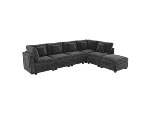 Canapé d’angle xxl modulable 6 places gris en chenille gaufrée avec fonction couchage, pouf coffre mobile, poches latérales, 5 coussins