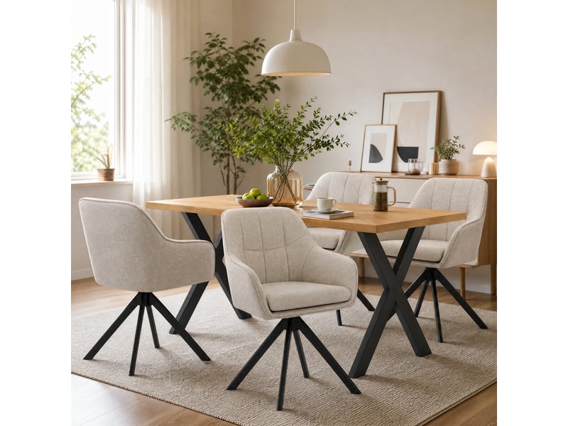  Ensemble table et 4 chaises - table rectangulaire 160x80 cm monobloc en chêne sauvage et pieds métal, 4 chaises en tissu beige et pieds métal  - Conforama B