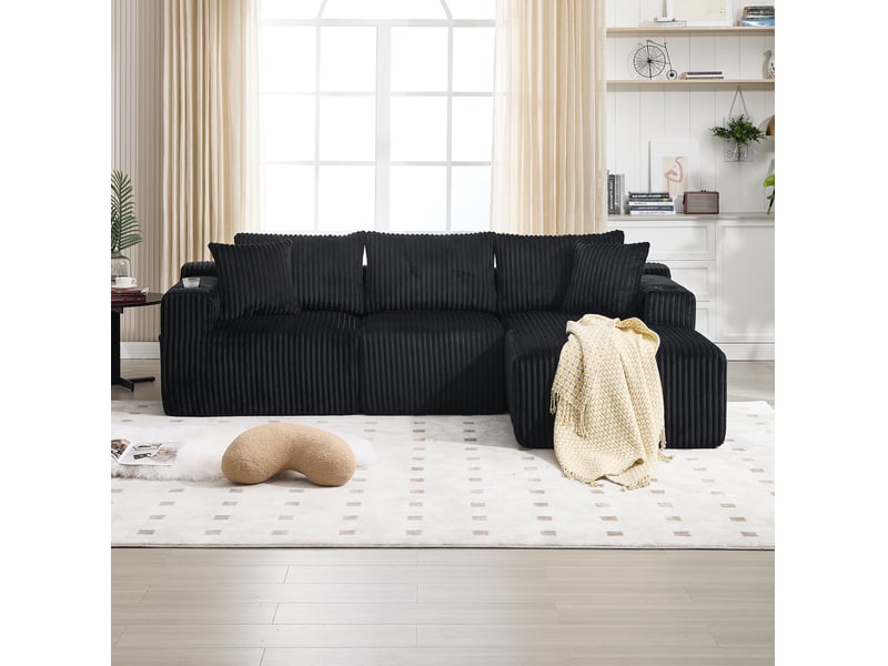 Canapé modulable modenvie 3 places avec méridienne, velours côtelé noir, 5 coussins, poches latérales et porte-gobelets  - Conforama B
