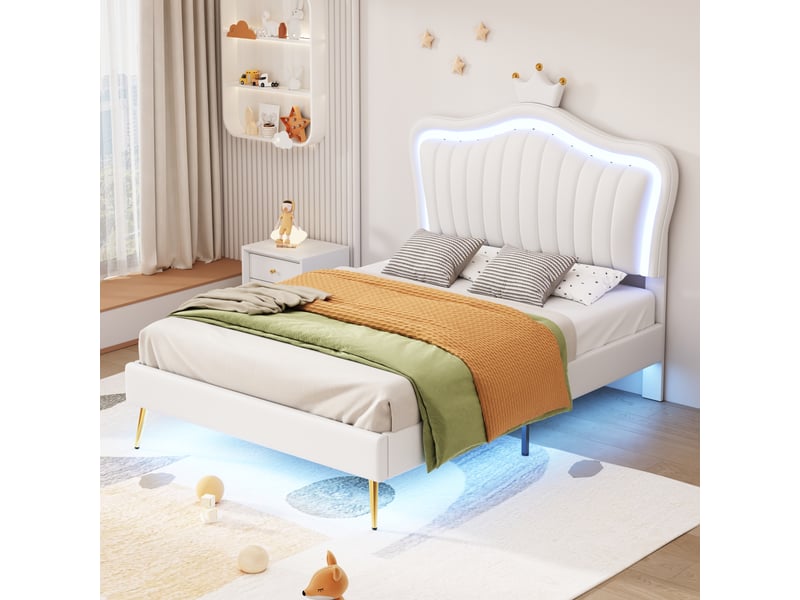  Lit enfant fille 90x200 lit princesse couronne blanc capitonné avec led  - Conforama D