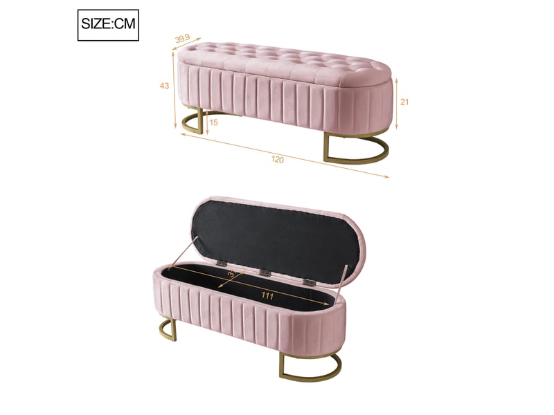  Banquette coffre de rangement 120x39,9x43 cm, repose-pieds et banc de lit, pieds en métal, pour salon et chambre, rose  - Conforama C