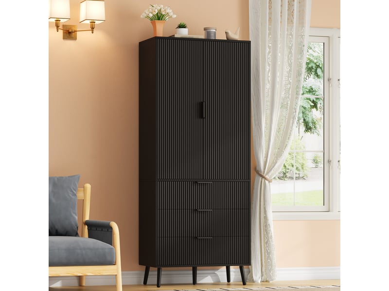  Buffet - 75x35x180 cm - meuble de rangement haut avec 2 portes, 3 tiroirs et étagères de porte - noir  - Conforama B