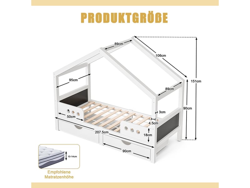 Lit cabane enfant toit 2 grands tiroirs cadre bois mdf vernis uv inodore charge max 120 kg adapté matelas 90x200 cm blanc  - Conforama C